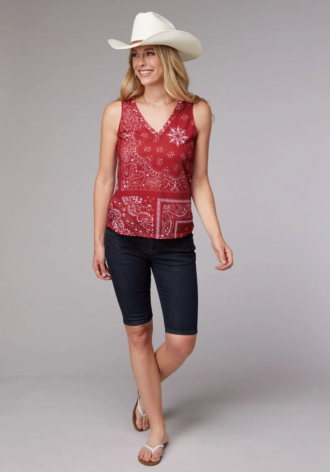 Roper Womens 2080 Bandana V-Neck Red/White 100% Polyester S/L Tank Top Durable Texture