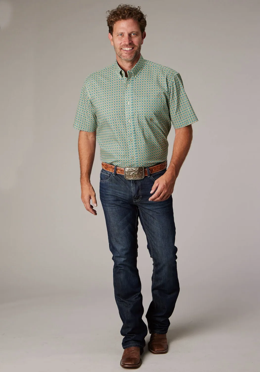Indoor Comfort Comfort Wear Roper Mens Sedona Foulard Turquoise 100% Cotton 1 Pkt S/S Shirt