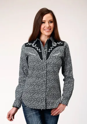 Seamless Shoulders Roper Womens White Floral Black Cotton Blend L/S Shirt Roper Womens White Floral Black Cotton Blend L/S Shirt Anti Static Fabric Bold colors