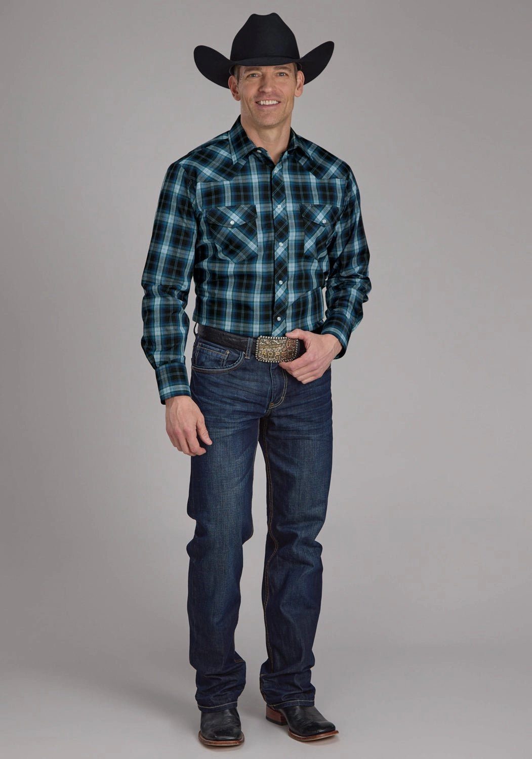 Roper Mens 2128 Windowpane Plaid Multi Blue Cotton Blend L/S Shirt Snug feel