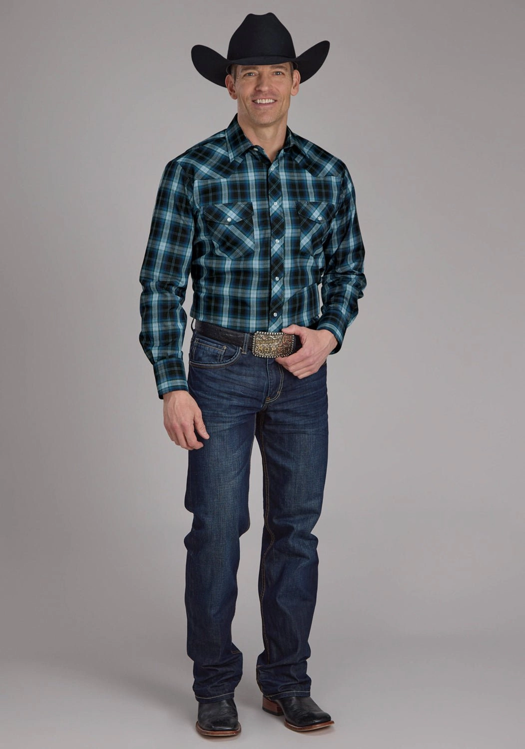 Roper Mens 2128 Windowpane Plaid Multi Blue Cotton Blend L/S Shirt Summer Fashion Workwear Approved