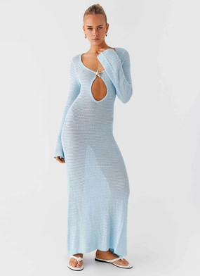 Seascape Chochet Maxi Dress - Blue Wrap style Chilly Day Comfort Seascape Chochet Maxi Dress - Blue