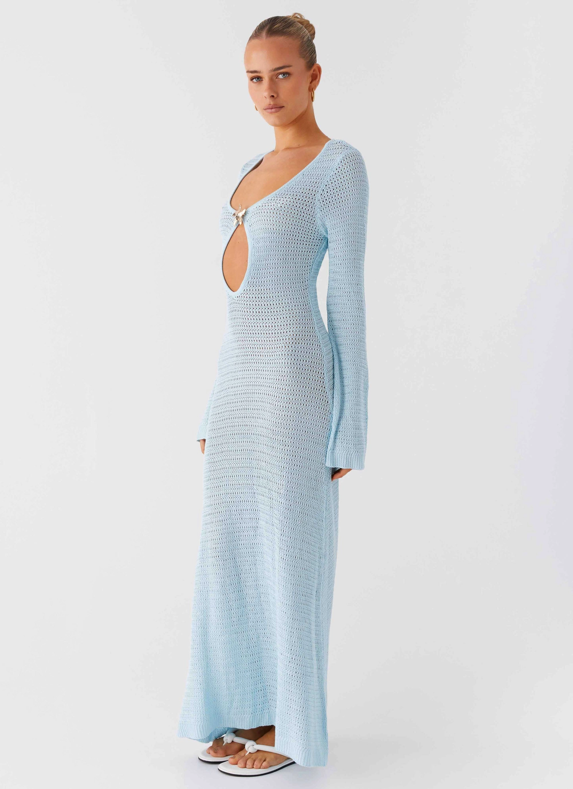 Seascape Chochet Maxi Dress - Blue Gathered-Detail Travel-Essential