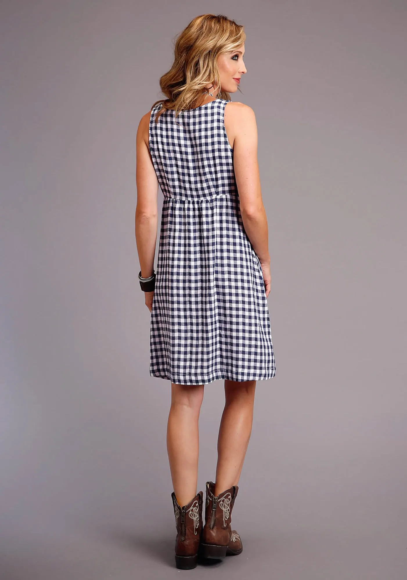 Stetson Womens Navy/White Cotton Blend Gingham Tank S/L Dress Vibrant Trendy