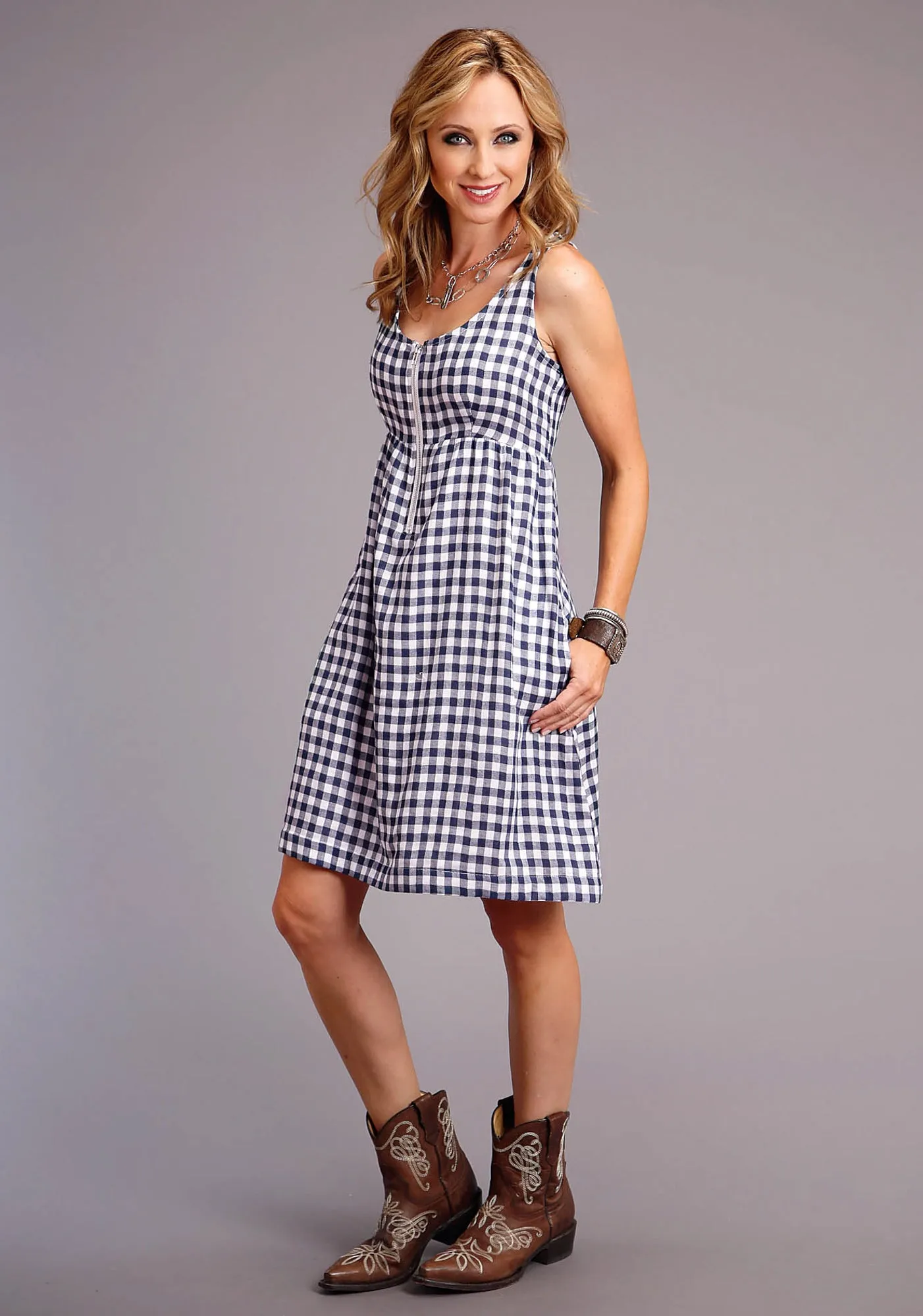 Stetson Womens Navy/White Cotton Blend Gingham Tank S/L Dress Morning Stroll Evening Stroll Trend Setter