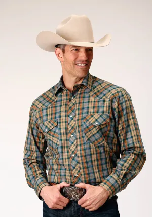Seasonal Essential Roper Mens Tan Small Scale Plaid Green Cotton Blend L/S Shirt Roper Mens Tan Small Scale Plaid Green Cotton Blend L/S Shirt Vintage Wash