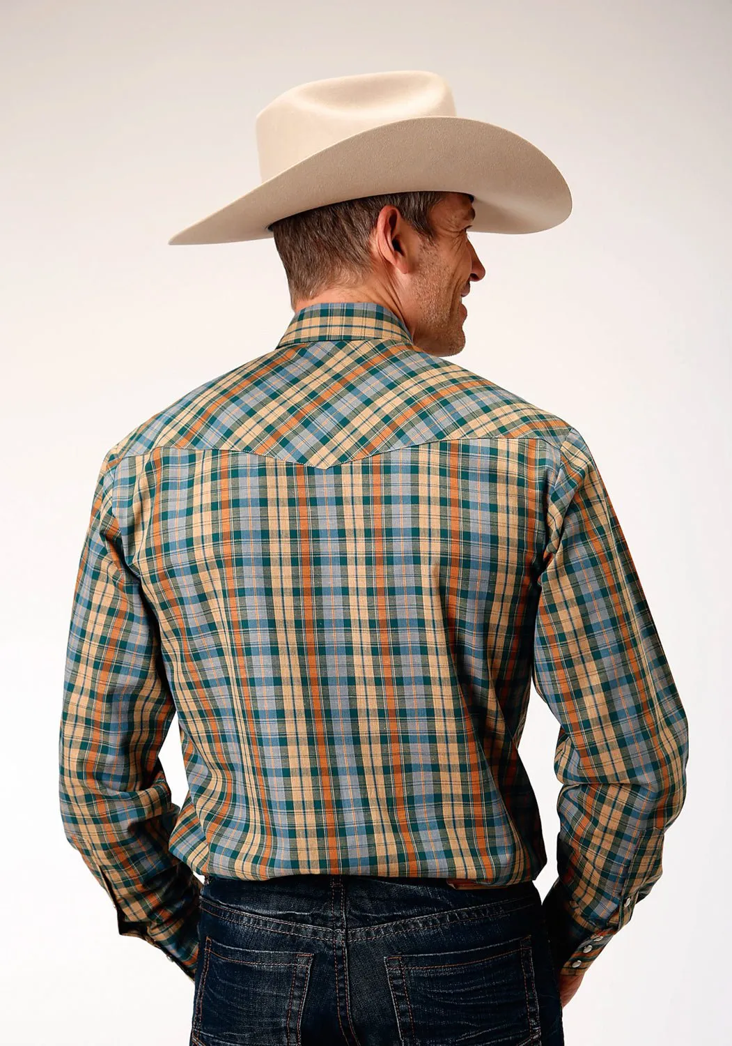 Comfortable Wear Roper Mens Tan Small Scale Plaid Green Cotton Blend L/S Shirt