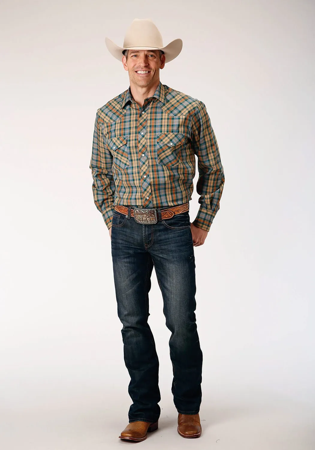Roper Mens Tan Small Scale Plaid Green Cotton Blend L/S Shirt Checkered Print
