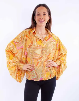 Seasonal Layer Scully Womens Paisley Balloon Sleeve Gold 100% Polyester L/S Blouse Holiday Outfit All day wearability Scully Womens Paisley Balloon Sleeve Gold 100% Polyester L/S Blouse
