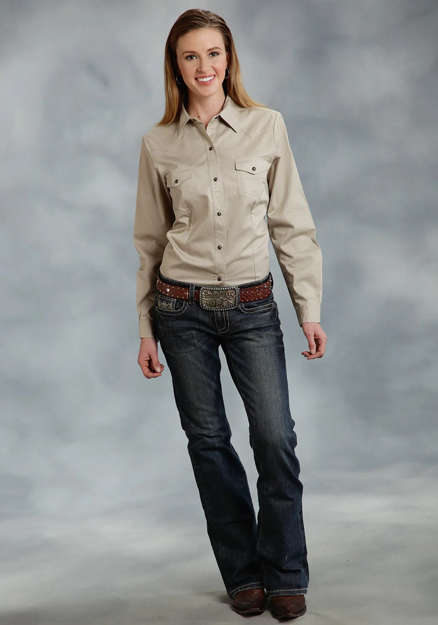 Roper Special Program Ladies Tan 100% Cotton L/S Poplin Western Shirt Neutral Tones Chill Comfort