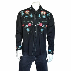 Seasonal Layer Rockmount Mens Black 100% Cotton Floral Embroidery L/S Shirt Sustainable Weave Bold Pattern Rockmount Mens Black 100% Cotton Floral Embroidery L/S Shirt