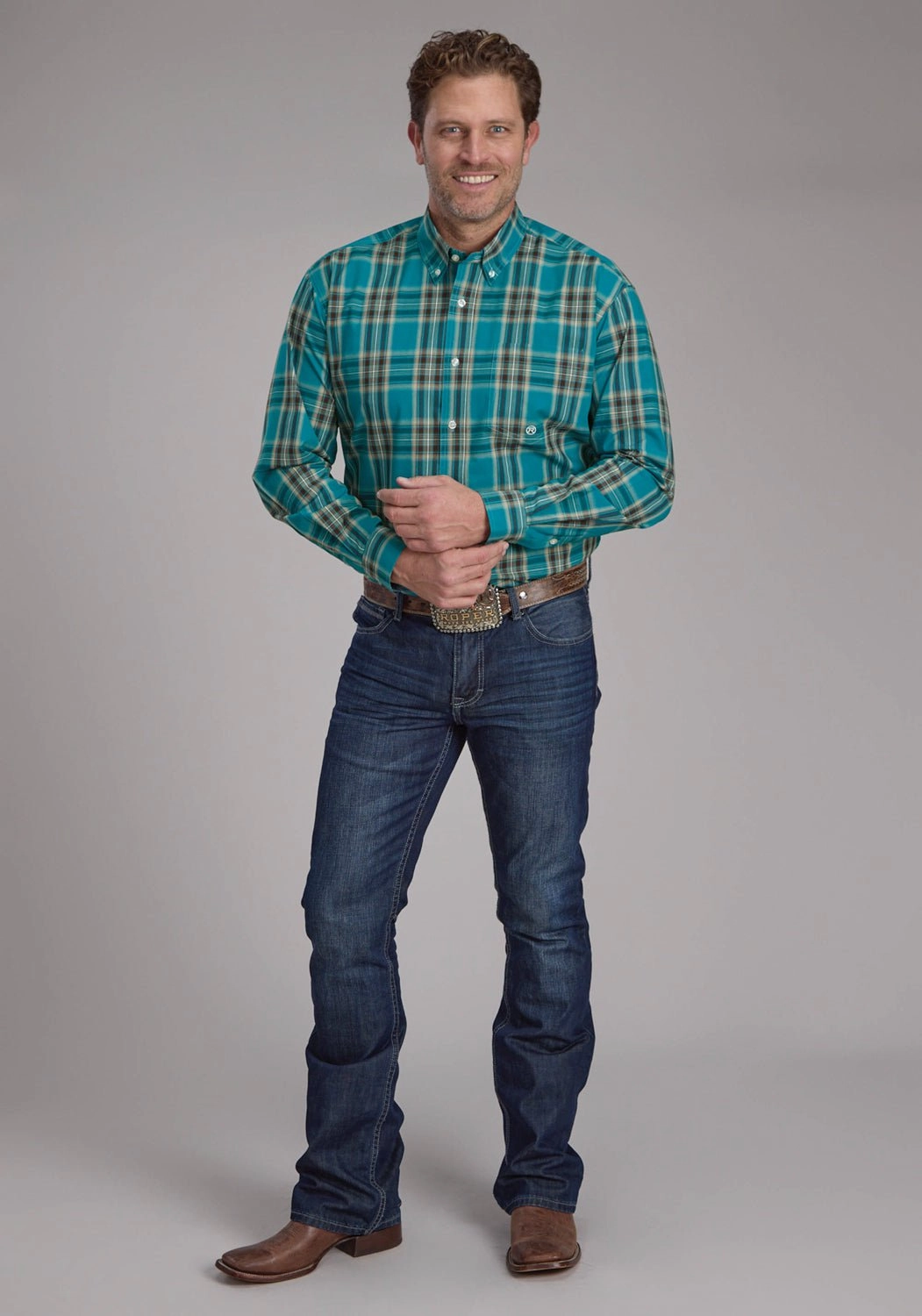 Active Layering Workwear Ready Roper Mens 2246 Real Plaid Teal 100% Cotton 1 Pkt L/S Shirt