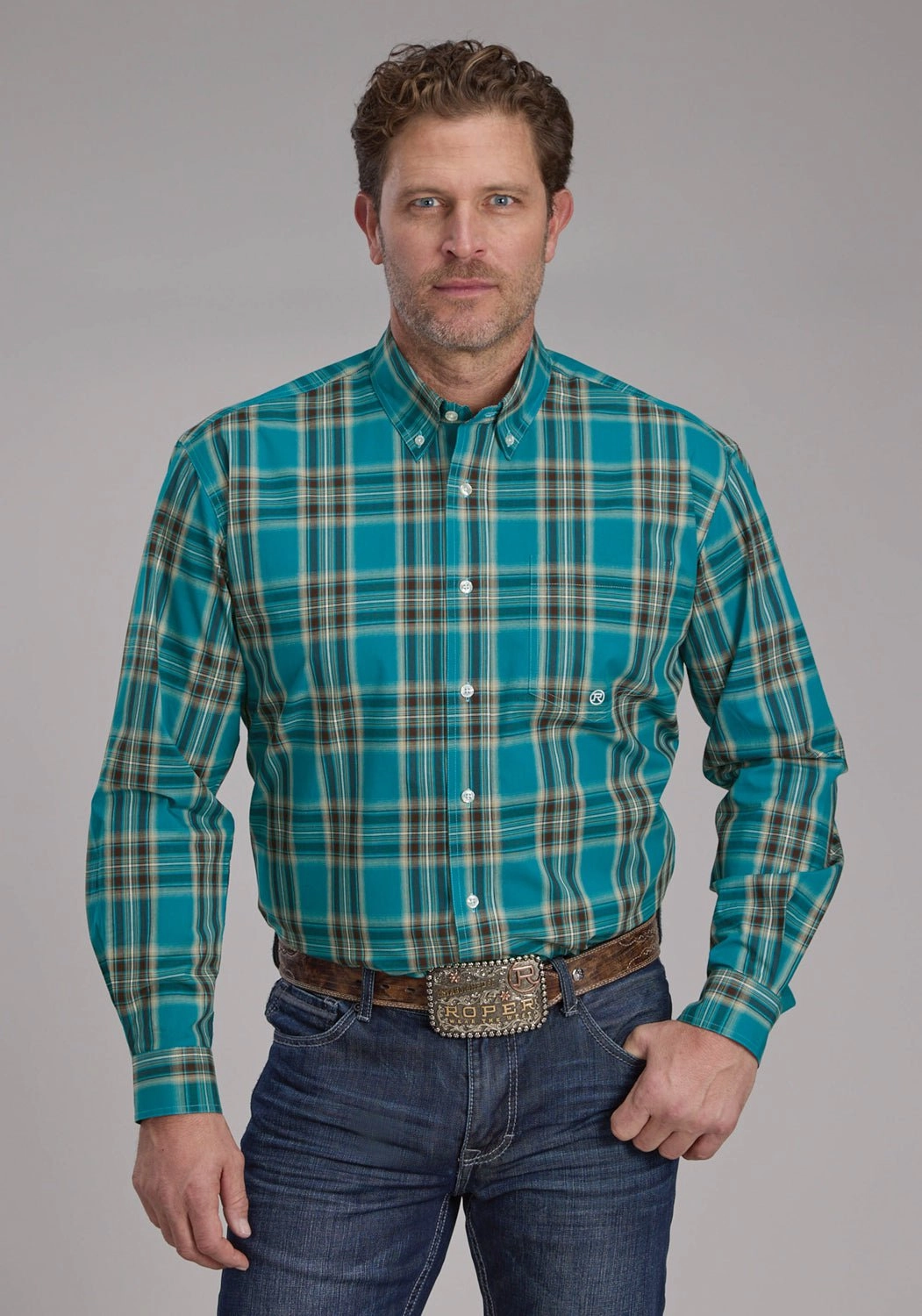 Seasonal Fashion Roper Mens 2246 Real Plaid Teal 100% Cotton 1 Pkt L/S Shirt