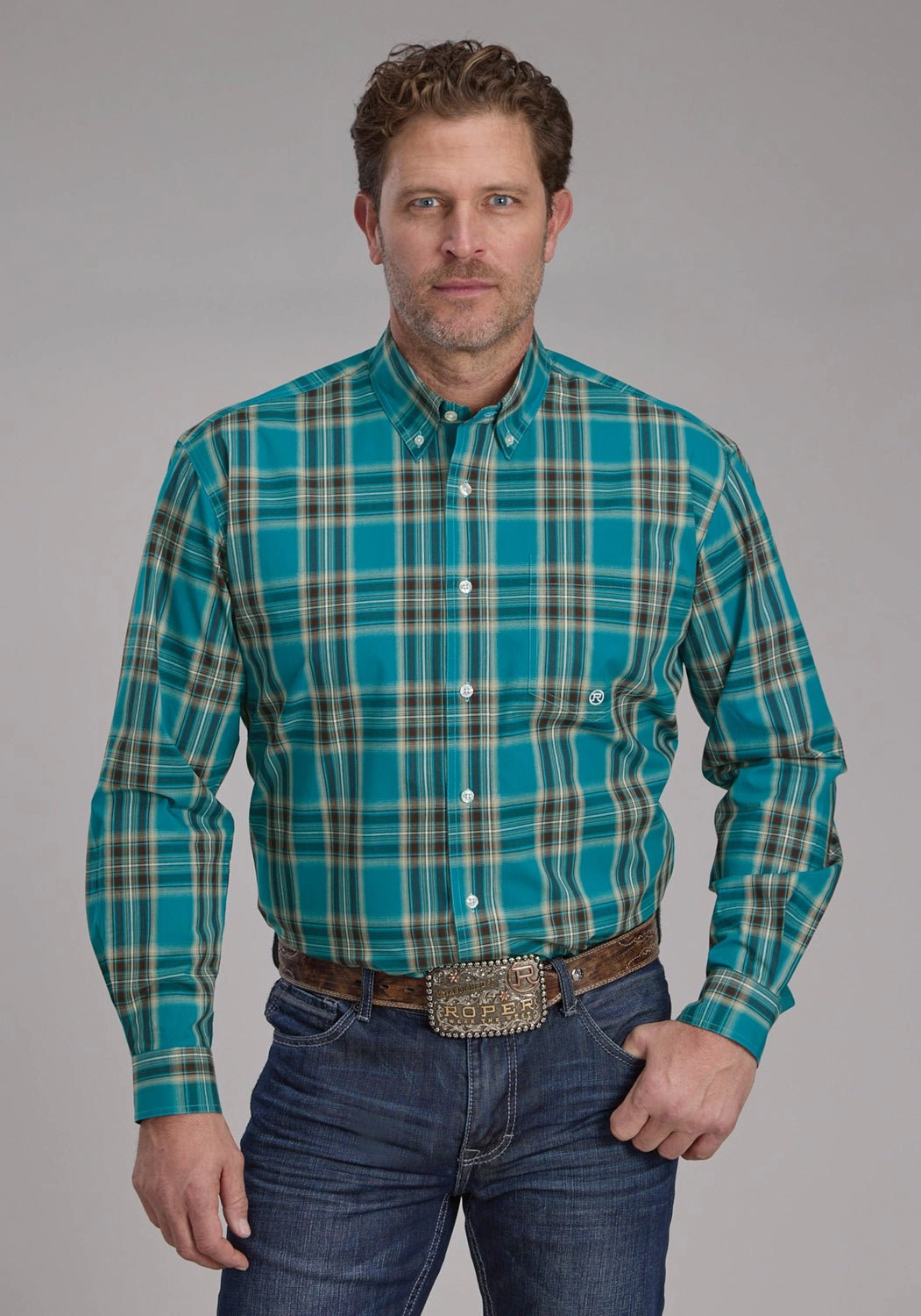 Brunch Outfit Roper Mens 2246 Real Plaid Teal 100% Cotton 1 Pkt L/S Shirt