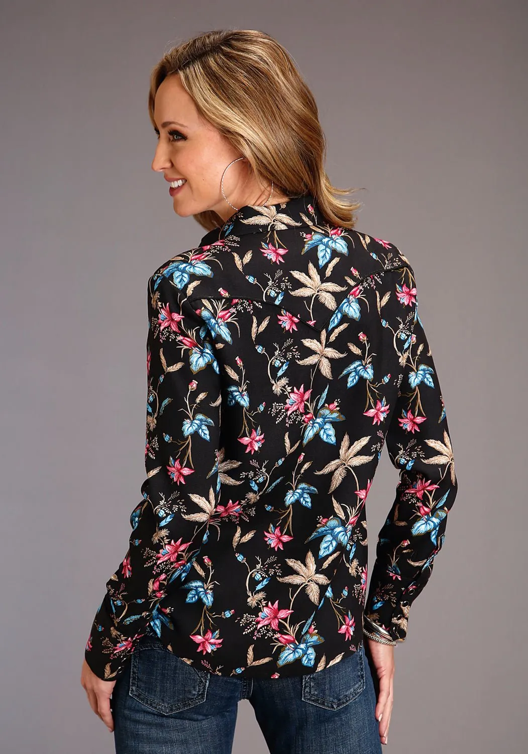 Stetson Womens Black Rayon/Nylon Feather Floral L/S Blouse City Walk Bold Look Simple Attire