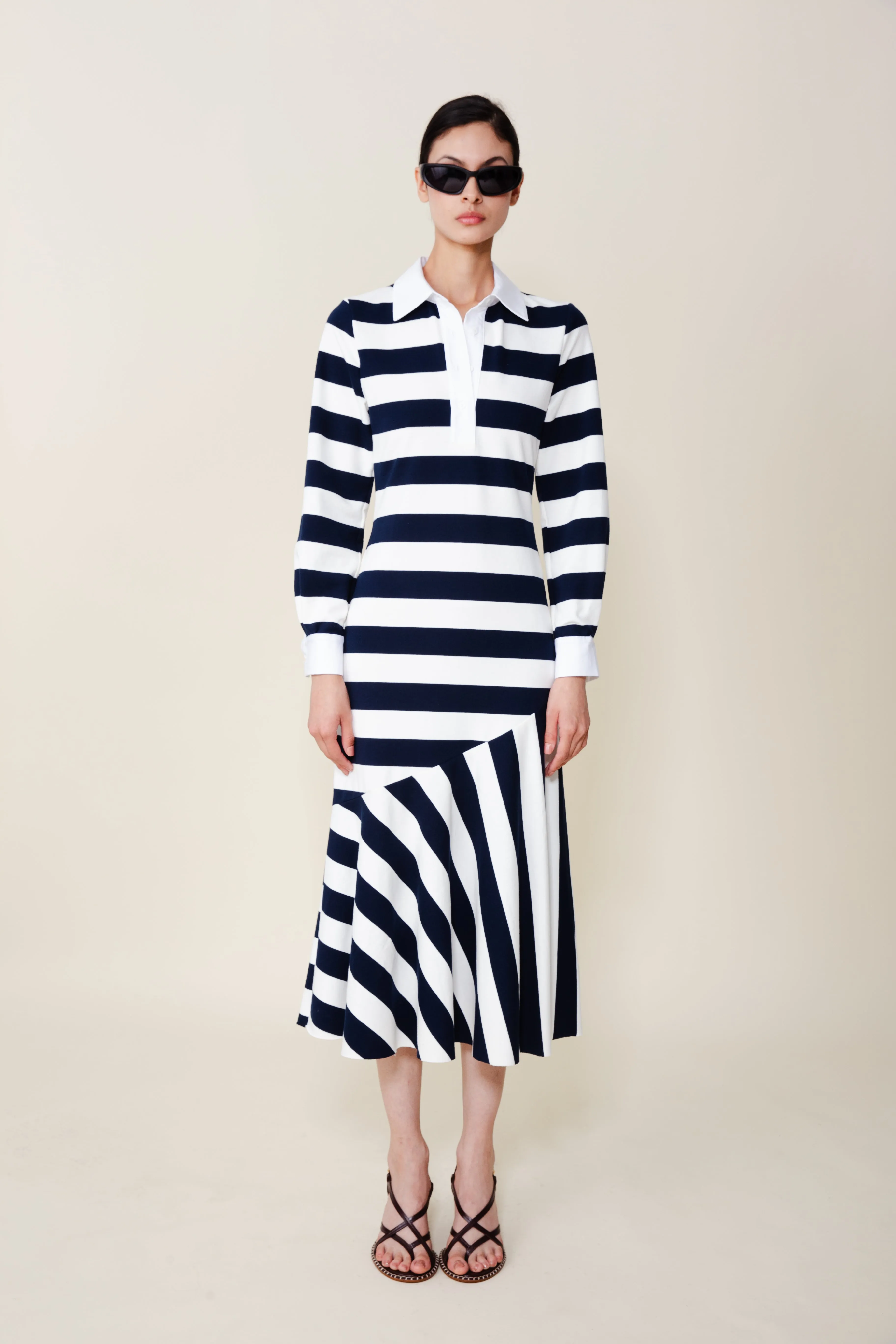 Adjustable-Length Senna Polo Dress in Navy/White Stripe
