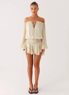 Sequin Fringe Eira Balloon Sleeve Mini Dress - Ivory Eira Balloon Sleeve Mini Dress - Ivory Side Pleats