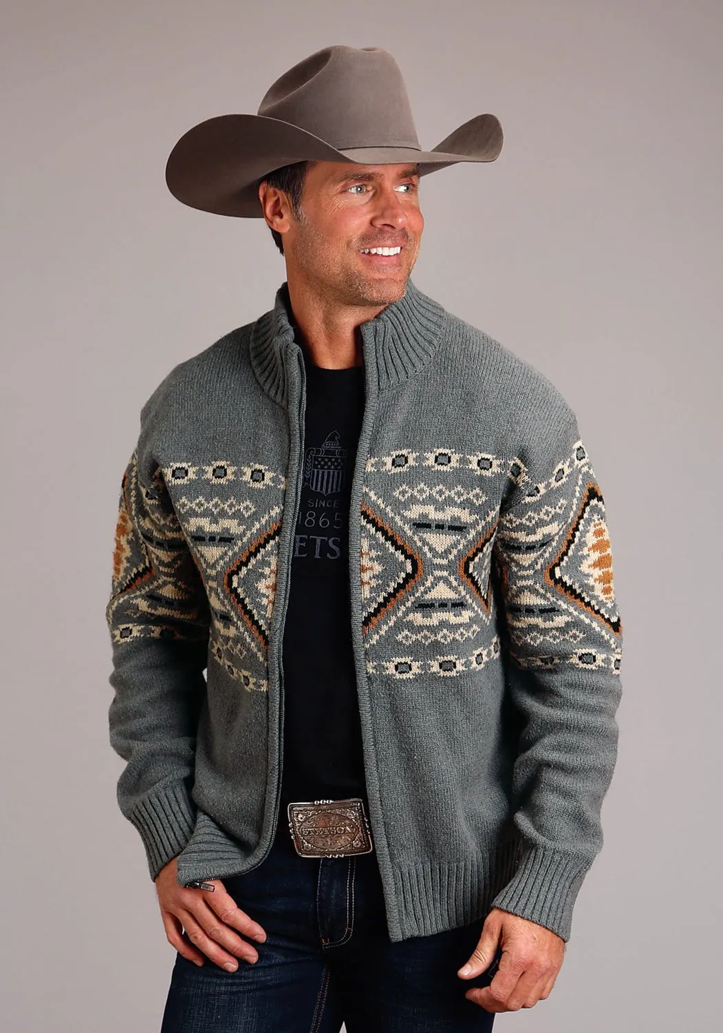 Stetson Mens Aztec Border Grey Cotton/Wool L/S Cardigan Sweater Fashion Layer Mountain Escape