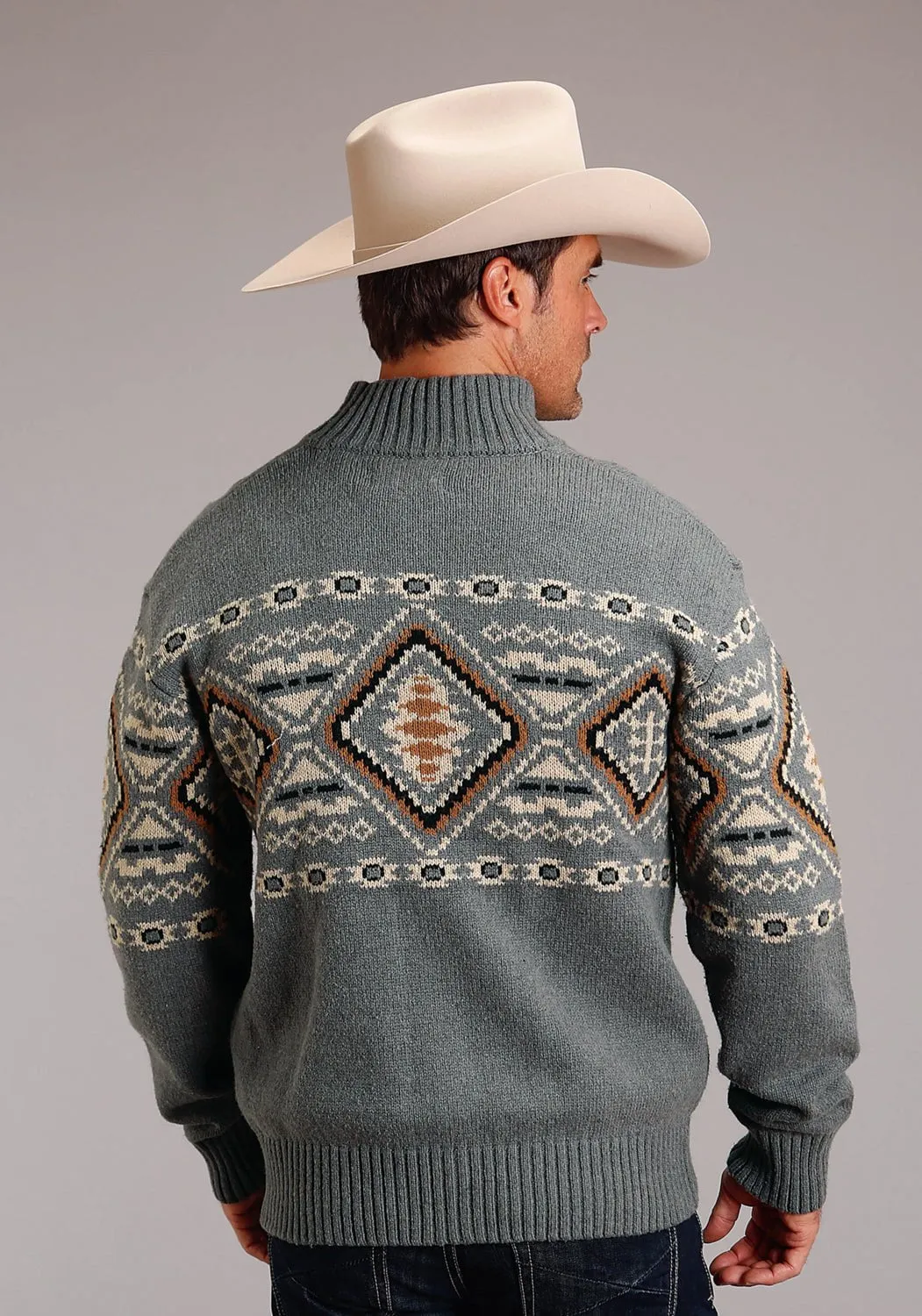 Stetson Mens Aztec Border Grey Cotton/Wool L/S Cardigan Sweater Ribbed Trim Beach Ready