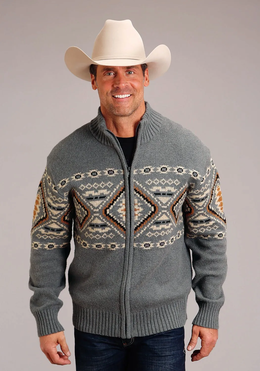 Easy Comfort Flexible Wear Stetson Mens Aztec Border Grey Cotton/Wool L/S Cardigan Sweater