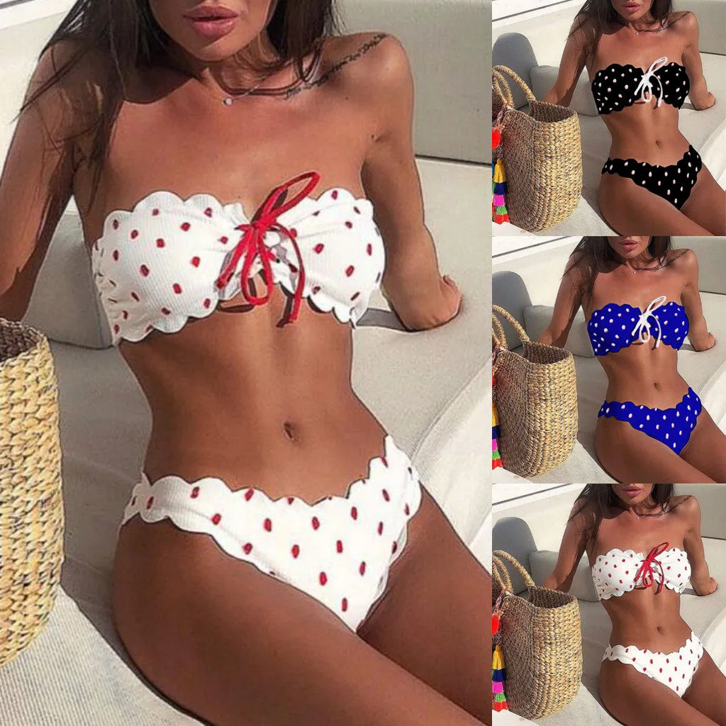 Sexy Women Poka Point Push-Up Bikini Set With Padded Bra