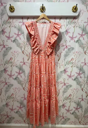 Shandrani Long Dress in Coral Puff sleeves Vibrant Tone Shandrani Long Dress in Coral