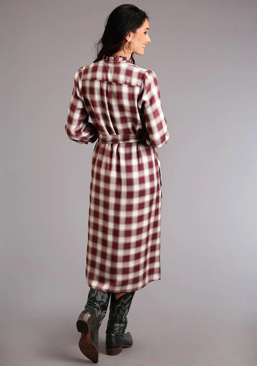 Stetson Womens Wine Rayon/Nylon Gaucho Plaid 3/4 Sleeve Dress Cool And Clean Daily Musthave