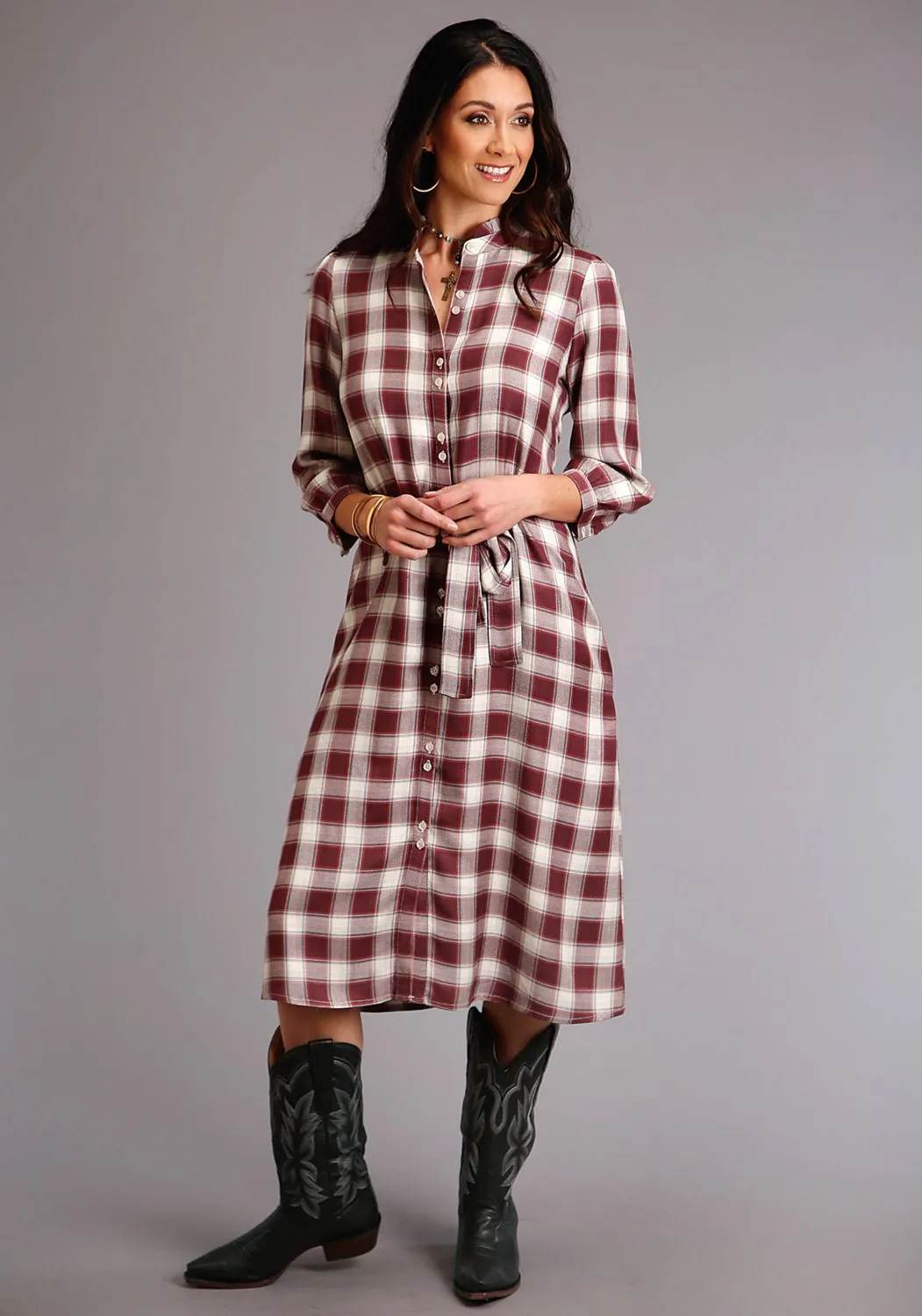 Stetson Womens Wine Rayon/Nylon Gaucho Plaid 3/4 Sleeve Dress Nature Lover Gym Ready Music Event