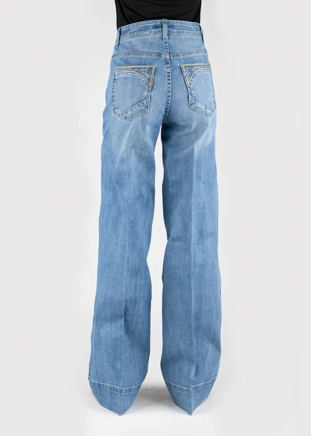 Light Washed Stetson Womens 751 Wide Leg Diagonal Piece Blue Cotton Blend Jeans