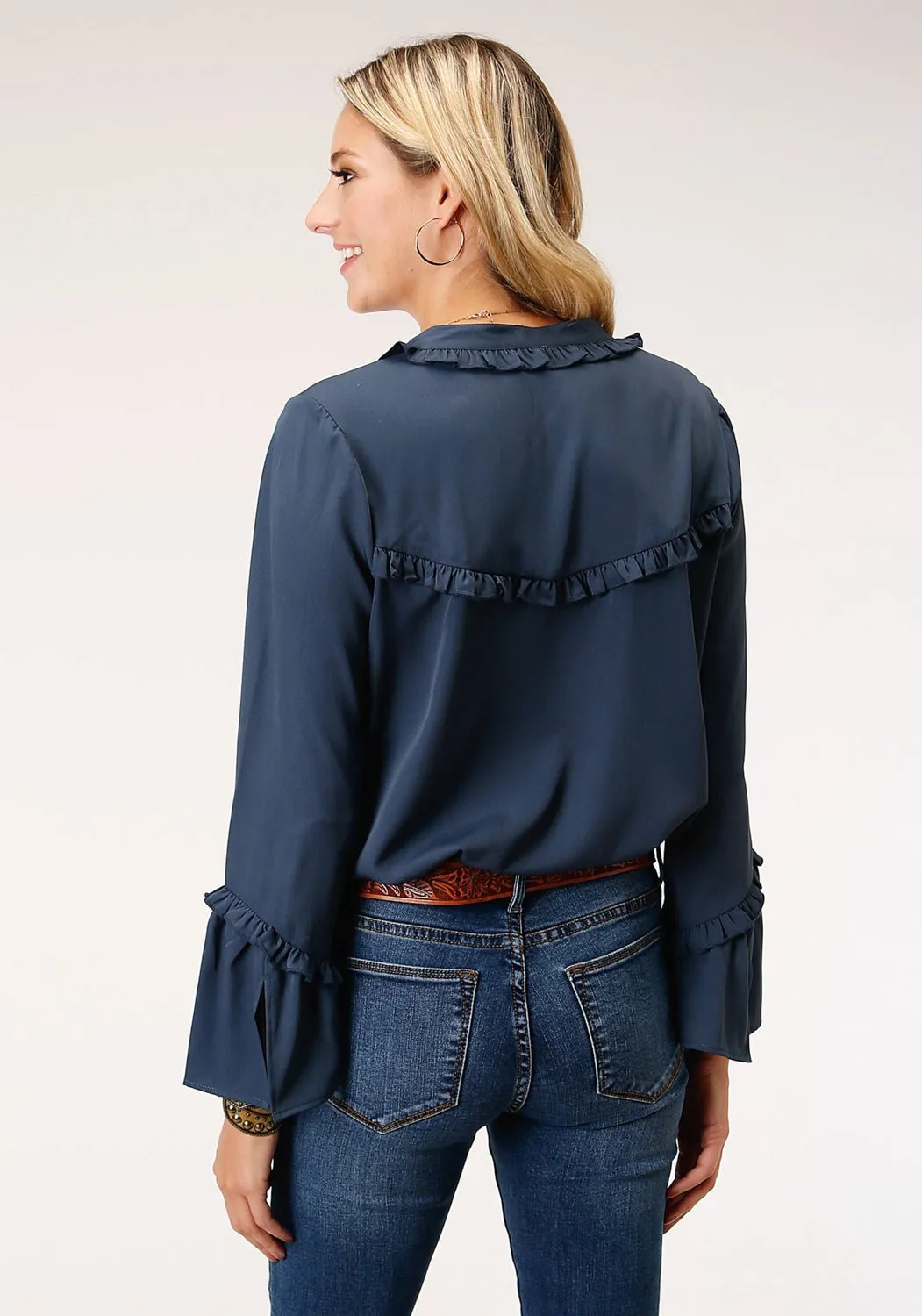 Roper Womens Navy Polyester American Crepe L/S Blouse Unfaded Hemline