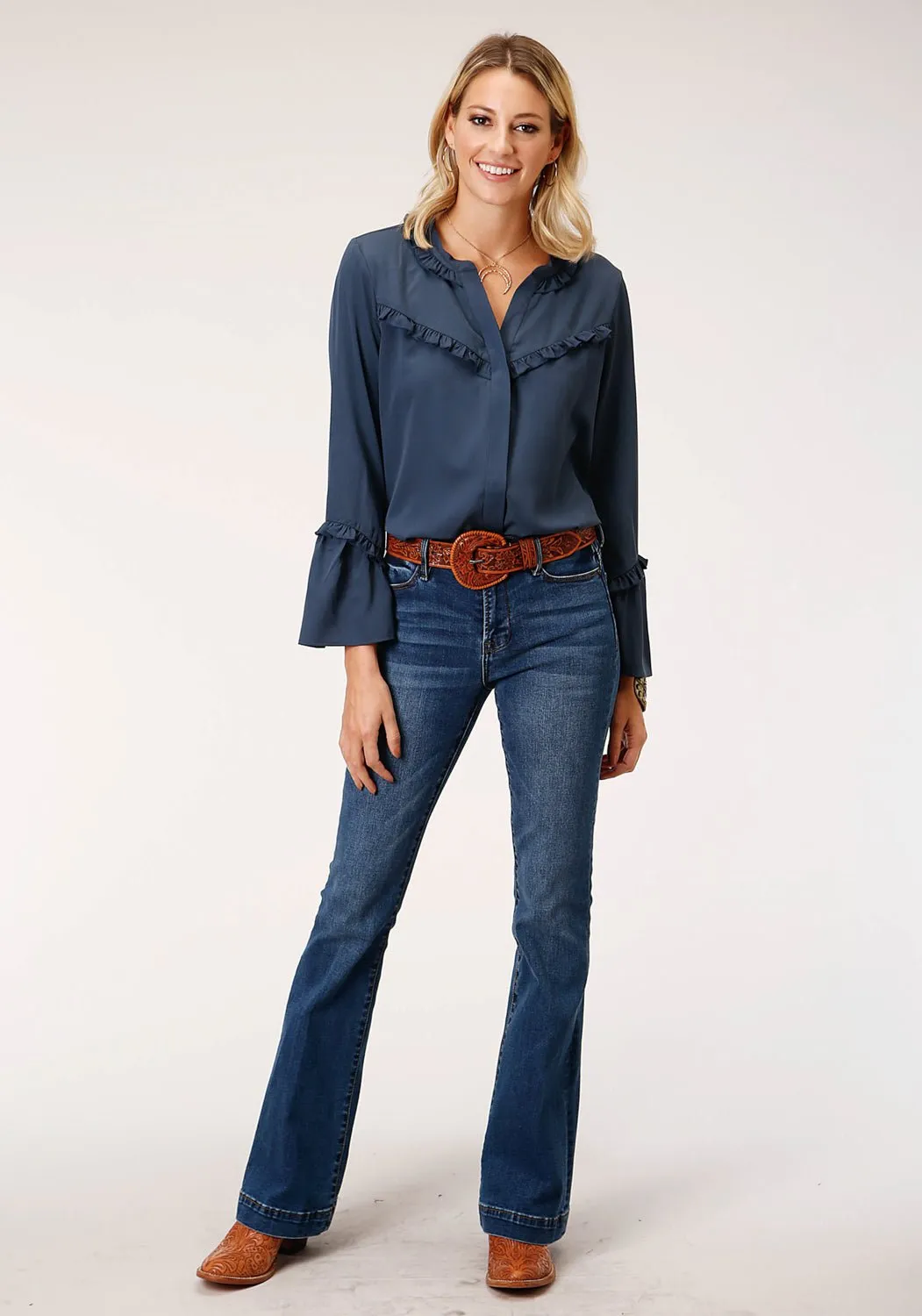 Roper Womens Navy Polyester American Crepe L/S Blouse Unisex Wear Classic Professional Wear