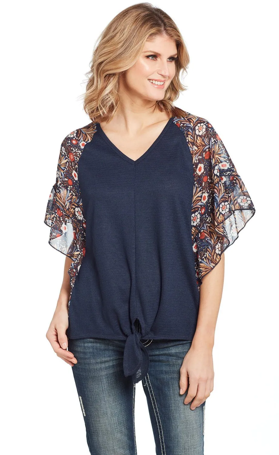 Cowgirl Up Womens Blue Multi Polyester Waffle Knit Tunic S/S Classic Cut Light Outfit