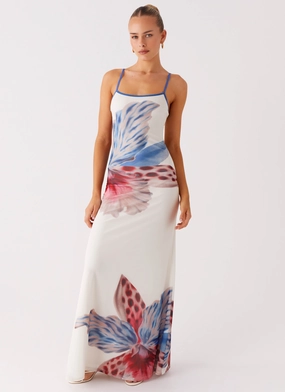 Shimmery Gear Everett Maxi Dress - White Sea Bloom Subtle Finish Textured Flow Everett Maxi Dress - White Sea Bloom