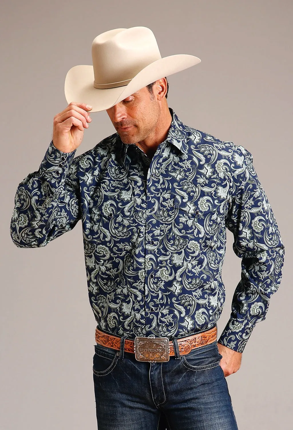 Stetson Mens Detailed Pailey Blue 100% Cotton L/S Shirt Timeless Classic