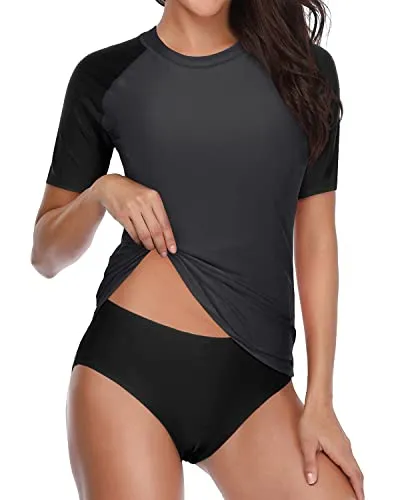 Short Sleeve Women's Two Piece Swimsuits Upf 50  Spf Rash Guard Sets-Grey And Black