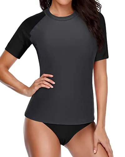 Short Sleeve Women's Two Piece Swimsuits Upf 50  Spf Rash Guard Sets-Grey And Black