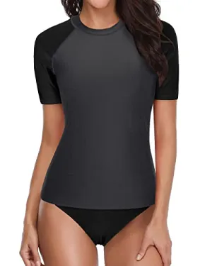 Short Sleeve Women's Two Piece Swimsuits Upf 50  Spf Rash Guard Sets-Grey And Black