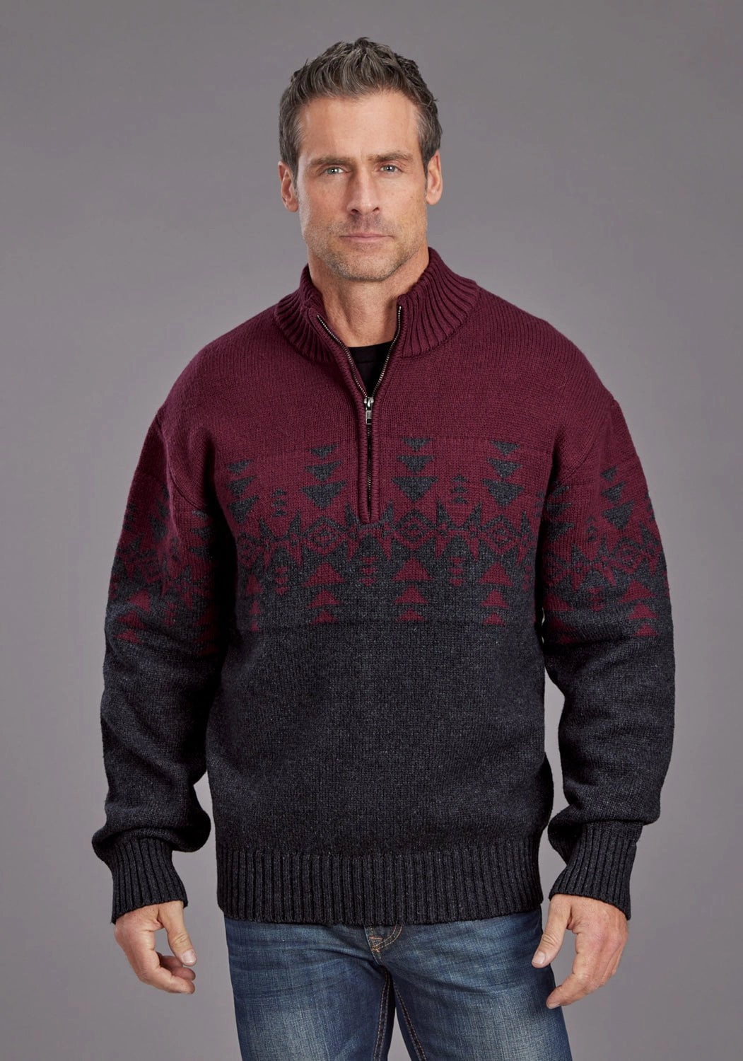 Night Out Streamlined Design Stetson Mens Woven Aztec Red/Gray Cotton Blend 1/4 Zip Sweater