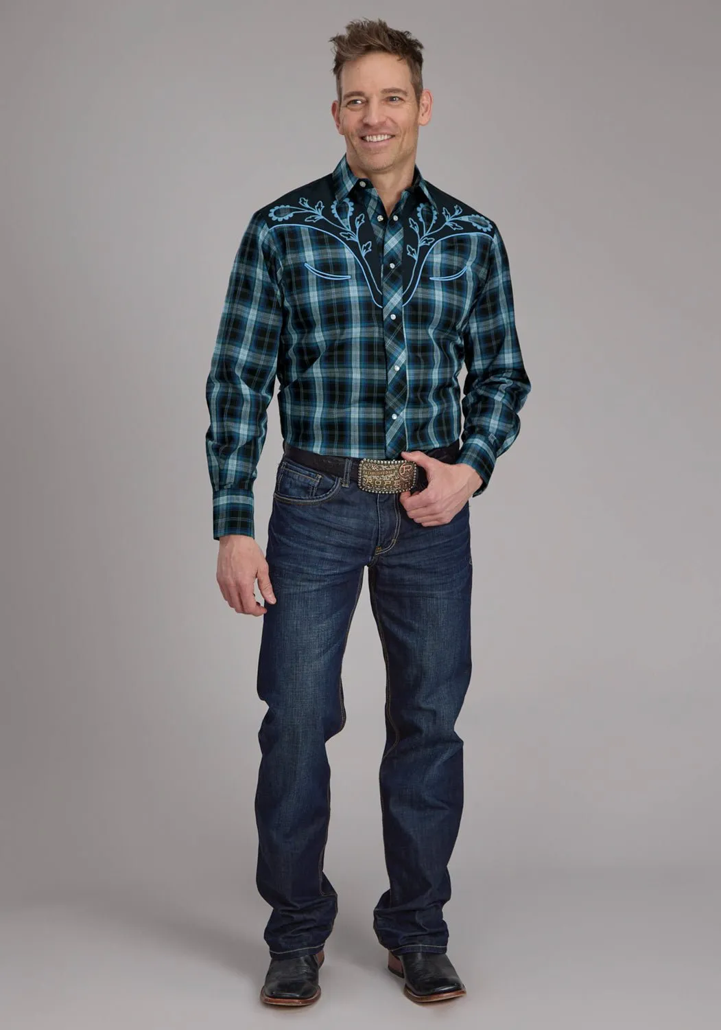 Roper Mens 2128 Windowpane Multi Blue Cotton Blend L/S Shirt Cooling Core Technology