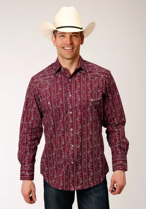 Shrinkage Resistant Roper Mens Brick Red Cotton Blend Cream Wallpaper L/S Shirt Roper Mens Brick Red Cotton Blend Cream Wallpaper L/S Shirt Effortless Comfort Matte Look