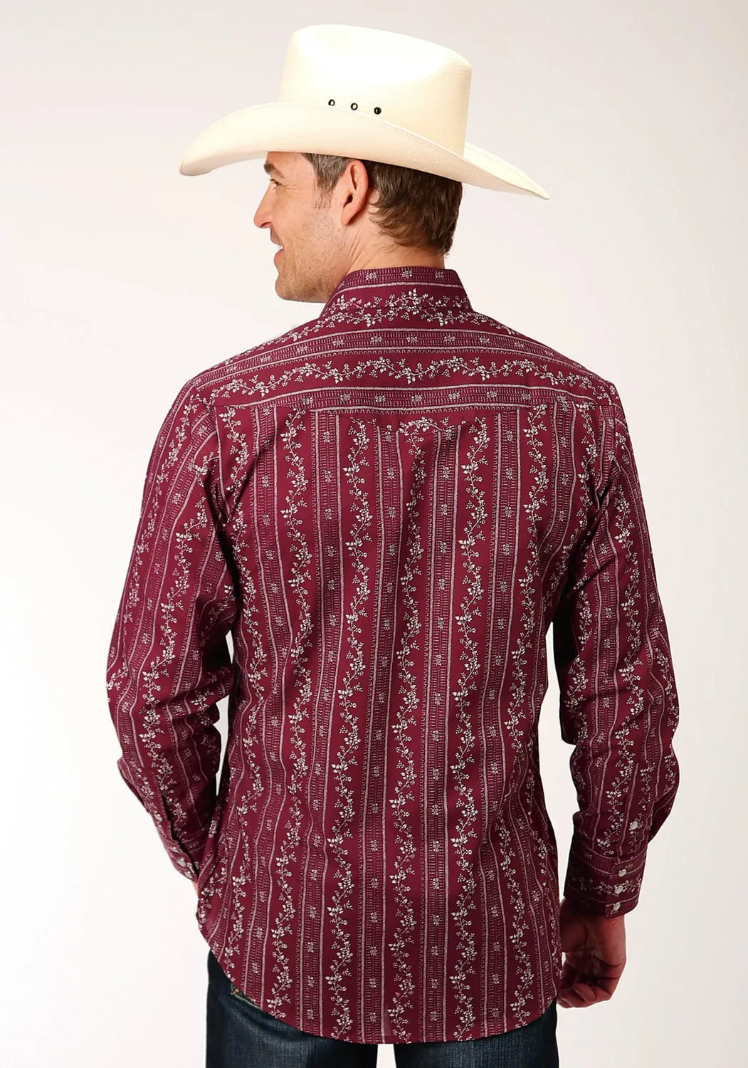 Roper Mens Brick Red Cotton Blend Cream Wallpaper L/S Shirt Fashionable Look Perfect Fit