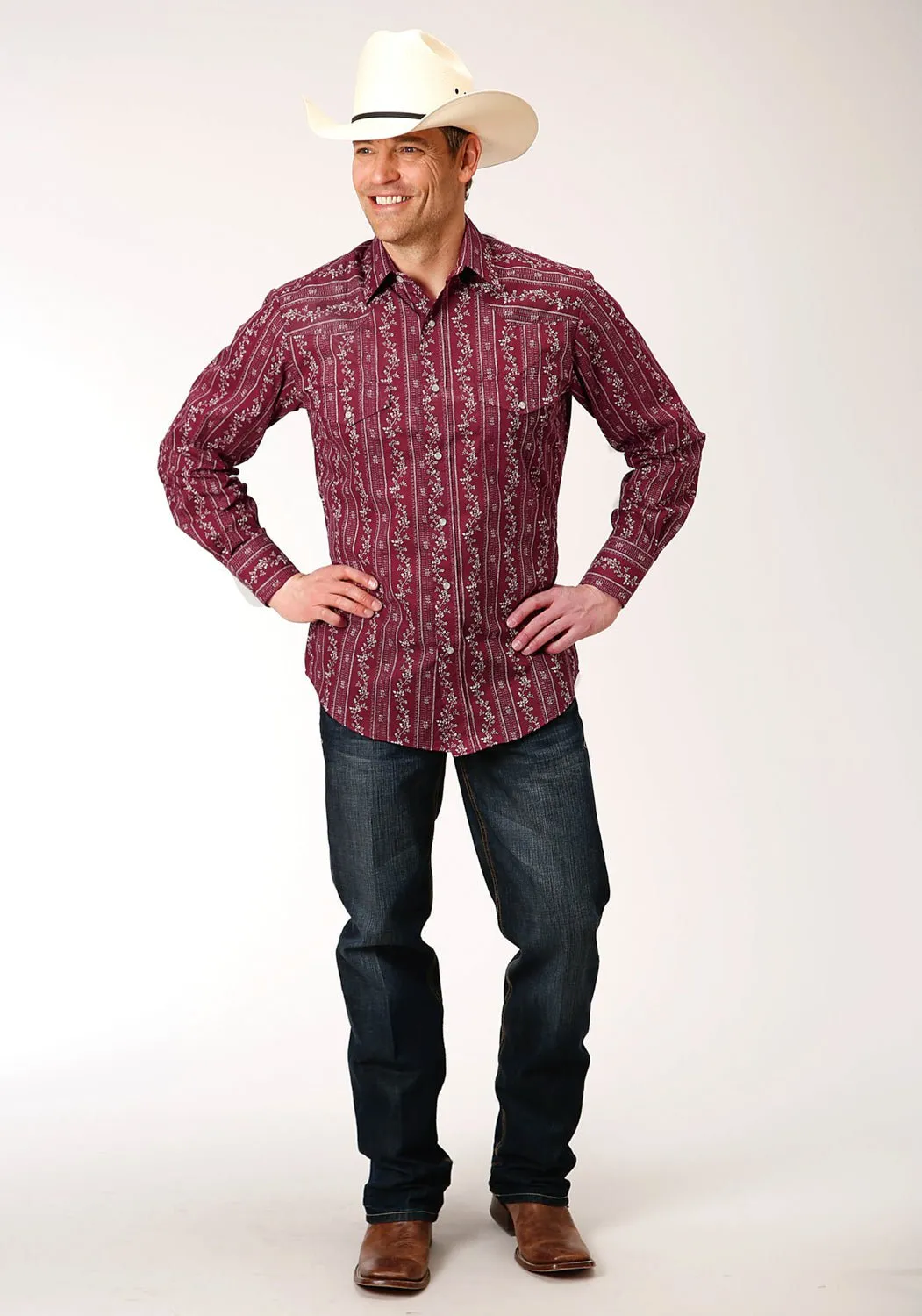 Social Meetup Resort Wear Roper Mens Brick Red Cotton Blend Cream Wallpaper L/S Shirt
