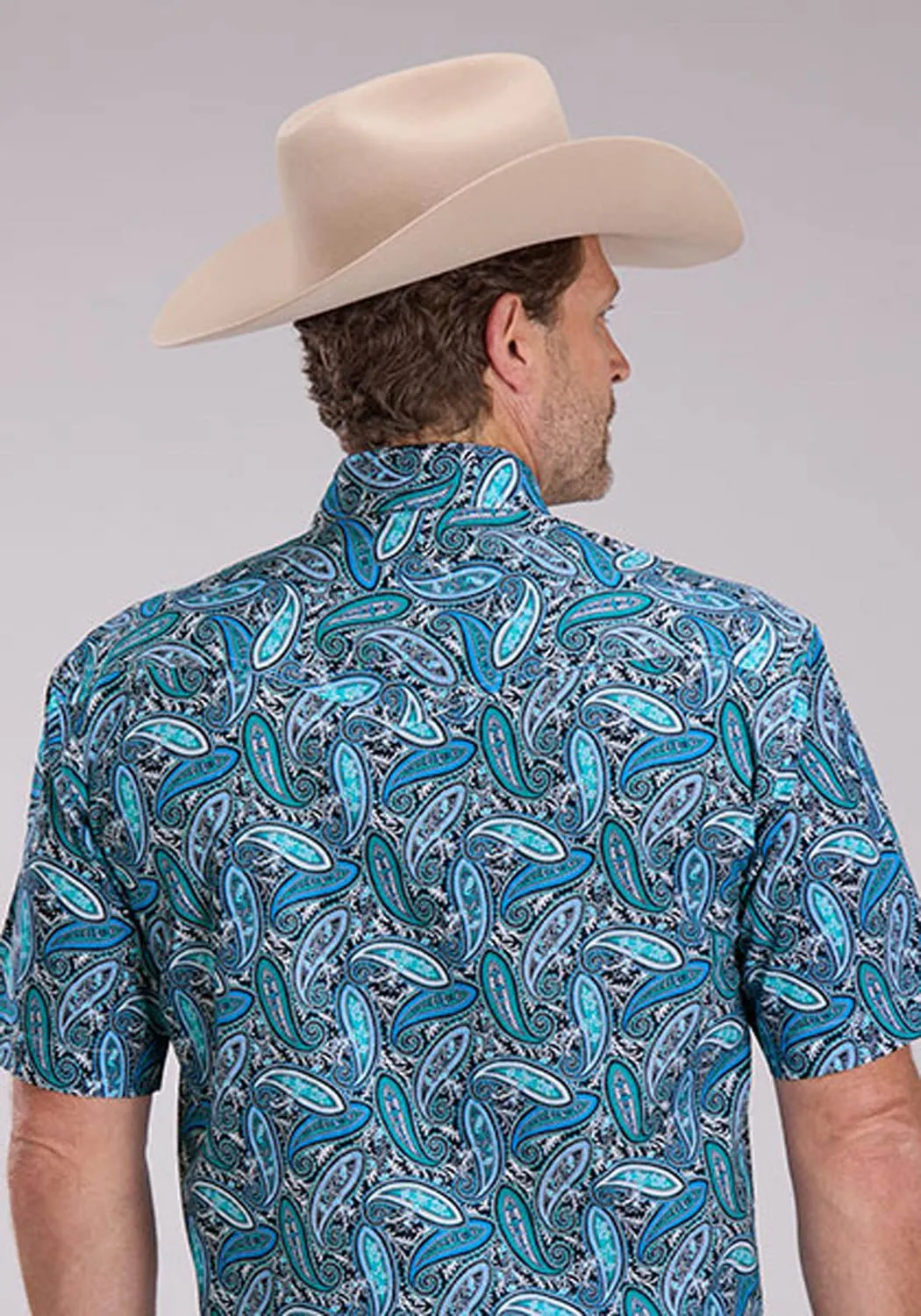 Roper Mens Sky Paisley Blue 100% Cotton S/S Shirt Gym Wear