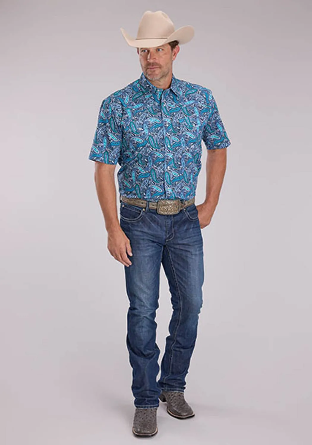 Seasonal Fashion Roper Mens Sky Paisley Blue 100% Cotton S/S Shirt