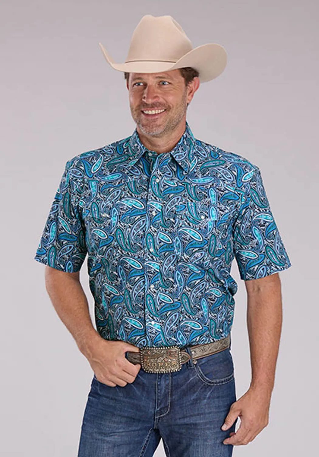 Roper Mens Sky Paisley Blue 100% Cotton S/S Shirt Mix-And-Match