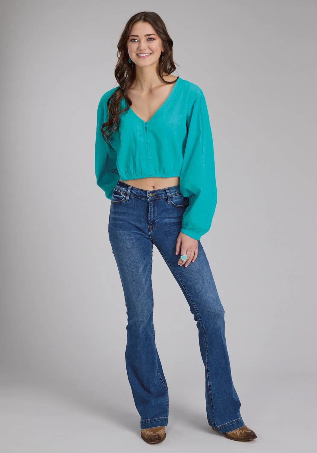 Roper Womens Cropped Seersucker Turquoise 100% Cotton L/S Blouse Loose Comfort Sporty Look