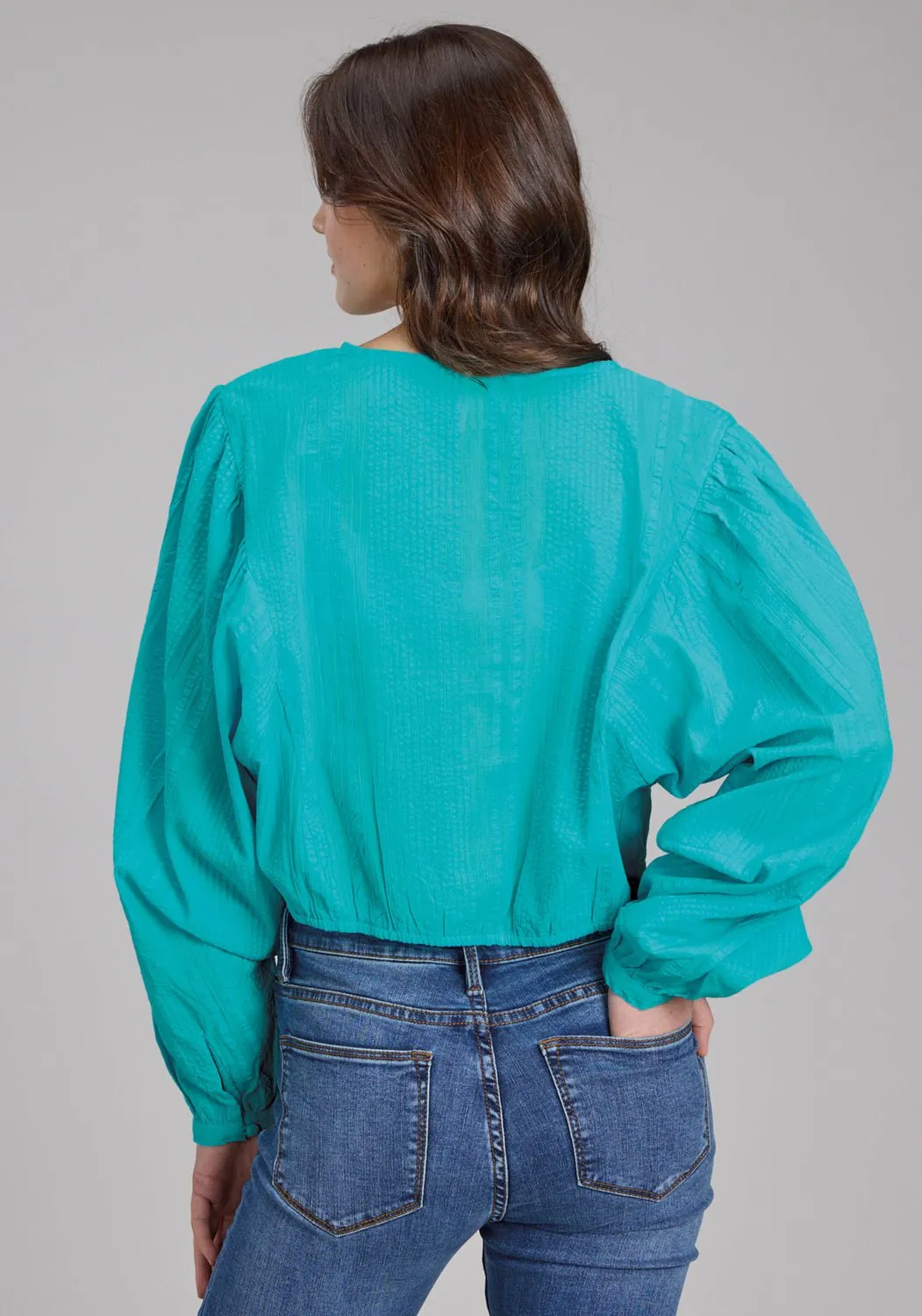 Roper Womens Cropped Seersucker Turquoise 100% Cotton L/S Blouse Black Tie Optional Lightweight Comfort