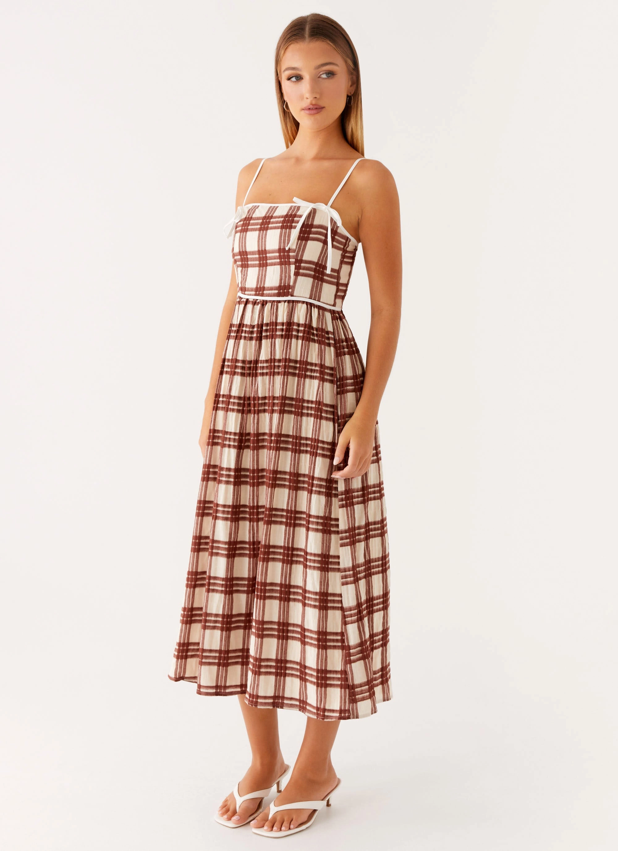 Shyanne Midi Dress - Chocolate Check Stylish Waistband Adjustable-Straps