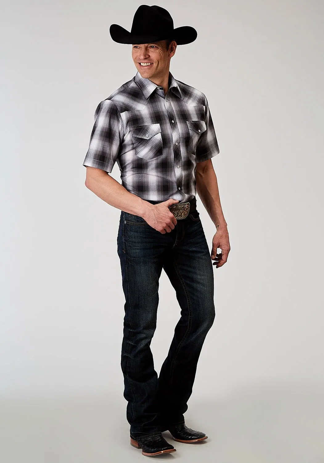 Geometric Pattern Roper Mens 1972 Plaid Black/White Cotton Blend S/S Shirt