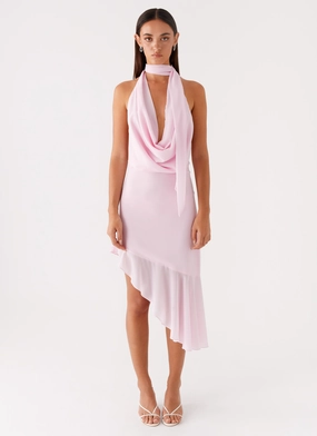 Side Ruching Layna Scarf Midi Dress - Pink Texture Rich Night Party Layna Scarf Midi Dress - Pink